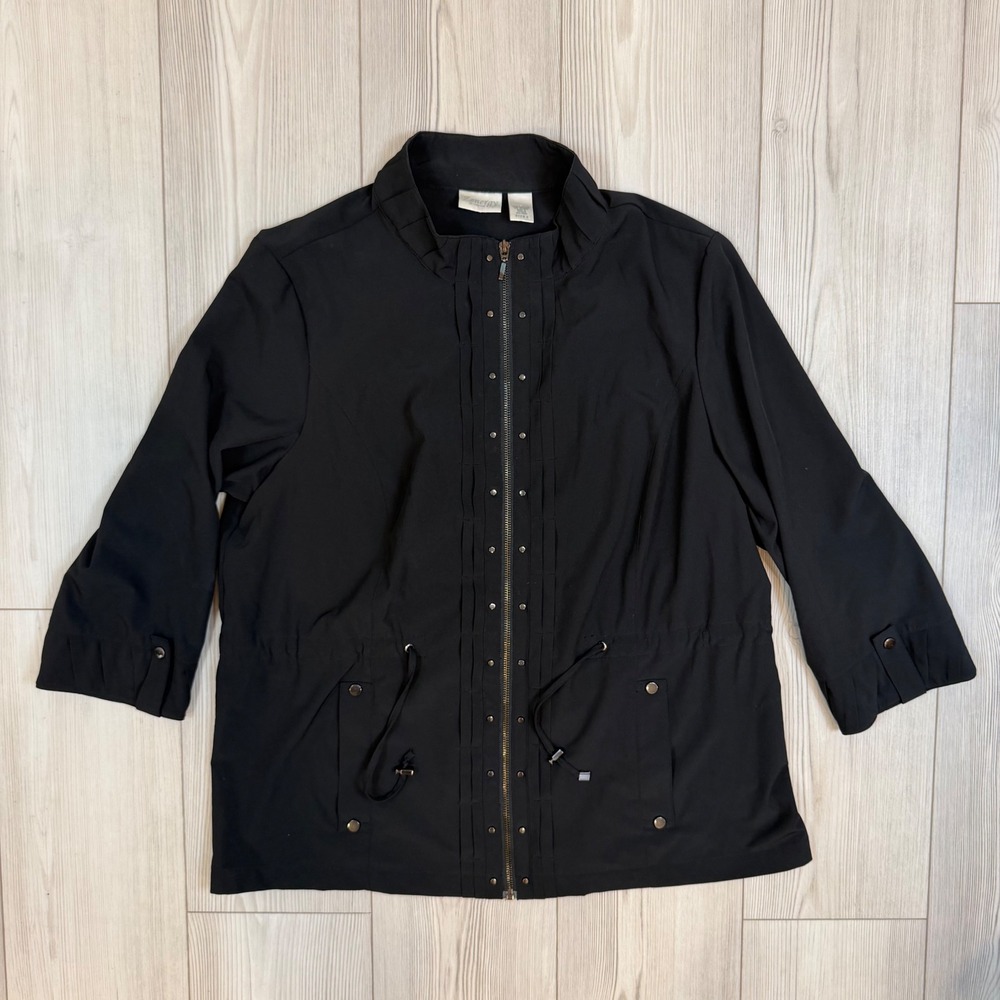 Chicos Zenergy Black Studded Zip Front Jacket 3/4 Sleeve Size 2 Large 4500793873